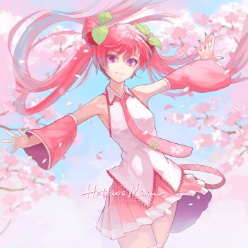Rule 34 | 1girl, absurdres, aqua nails, blush, character name, cherry blossoms, cherry hair ornament, collared shirt, commentary request, detached sleeves, falling petals, flower, food-themed hair ornament, hair between eyes, hair ornament, hatsune miku, hcandersen, highres, long hair, long sleeves, looking at viewer, necktie, official alternate costume, open mouth, outstretched arms, petals, pink eyes, pink flower, pink hair, pink necktie, pink petals, pink skirt, pink theme, pink trim, pleated skirt, sakura miku, shirt, skirt, sleeveless, sleeveless shirt, smile, solo, twintails, very long hair, vocaloid, white shirt, wide sleeves