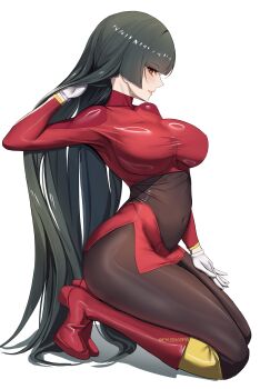 1girl artist_name black_bodysuit black_hair blunt_bangs blush bodysuit bodysuit_under_clothes boots breasts commentary covered_navel crop_top ekuskarma from_side gloves hand_in_own_hair hand_on_own_thigh highres hime_cut jacket kneeling large_breasts long_hair looking_at_viewer nintendo pencil_skirt pokemon pokemon_frlg red_boots red_eyes red_jacket red_skirt sabrina_(pokemon) side_slit simple_background skirt smile solo taut_jacket thighs turtleneck turtleneck_jacket twitter_username very_long_hair white_gloves
