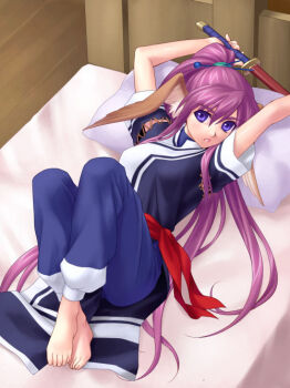 Rule 34 | 00s, 1girl, arms up, barefoot, bed, blue eyes, blush, female focus, hair ornament, hairpin, head wings, long hair, lying, on back, ponytail, purple hair, solo, sword, touka (utawarerumono), utawarerumono, very long hair, weapon, wings, zen