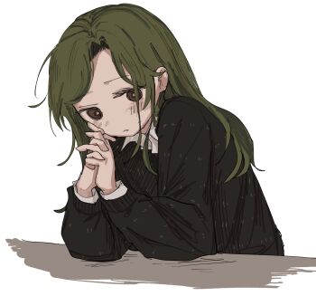 1girl black_sweater blush brown_eyes dress_shirt elbows_on_table green_hair highres marina_kaplan medium_hair migimiya_yoru pensive shirt simple_background solo sweater white_background white_shirt z.a.t.o._//_i_love_the_world_and_everything_in_it