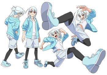 Rule 34 | 1girl, from behind, highres, hood, looking at viewer, multiple views, namanoita175, open mouth, original, pantyhose, red eyes, shoes, short hair, shorts, smile, sneakers, standing, white hair