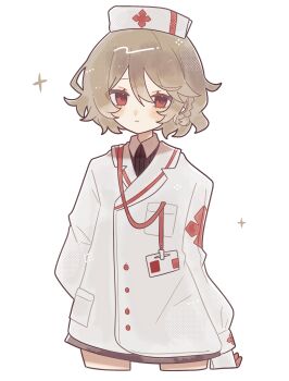 1girl blush_stickers brown_hair closed_mouth commentary_request cropped_legs double-parted_bangs hair_between_eyes hat highres jacket lanyard long_sleeves looking_at_viewer nurse nurse_cap nurse_robot_type_t okayu_(cwtv7823) red_eyes short_hair simple_background solo sparkle utau white_background white_jacket