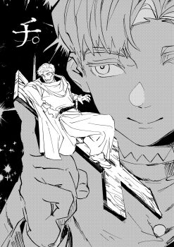 Rule 34 | 2boys, absurdres, black background, buttons, chi.: chikyuu no undou ni tsuite, closed mouth, commentary, copyright logo, cross, greyscale, highres, index finger raised, inverted cross, jacket, logo, m art of, male focus, monochrome, multiple boys, nowak (chi.), rafal (chi.), short hair, simple background, smile, untranslatable commentary