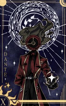 1other arm_behind_back belt black_background black_gloves black_pants black_shirt border clock coat collared_shirt dante_(limbus_company) fire flaming_head gloves gold_border highres limbus_company long_sleeves necktie object_head pants project_moon red_coat red_necktie shirt sparkle star_(sky) x_(symbol) xingming_ronin