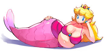 Rule 34 | 1girl, alternate costume, alternate form, bikini, bikini top only, blonde hair, blue eyes, breasts, crown, earrings, fapo, fat, fat woman, jewelry, large breasts, long hair, lying, mario (series), mermaid, monster girl, navel, nintendo, on side, pink bikini, princess peach, simple background, solo, sphere earrings, swimsuit, white background