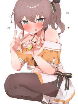 Rule 34 | 1girl, absurdres, black pantyhose, blue eyes, blush, breasts, brown hair, closed mouth, commentary, four-finger heart hands, heart, heart-shaped pupils, heart hands, highres, hololive, looking at viewer, natsuiro matsuri, natsuiro matsuri (1st costume), navel, one side up, orange shirt, pantyhose, shirt, skirt, small breasts, smile, solo, symbol-shaped pupils, tepenchi, tongue, tongue out, virtual youtuber, white background, white skirt
