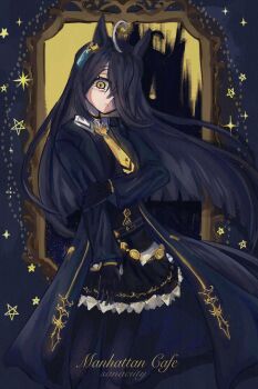 1girl ahoge animal_ears black_coat black_gloves black_hair black_pantyhose black_shirt black_skirt closed_mouth coat collared_shirt commentary ear_tag earrings english_commentary gloves hair_between_eyes hair_over_one_eye highres horse_ears horse_girl horse_tail jewelry long_bangs long_hair long_hair_between_eyes long_sleeves looking_at_viewer manhattan_cafe_(creeping_shadow)_(umamusume) manhattan_cafe_(umamusume) mirror multicolored_hair necktie pantyhose sanaciity shadow shirt single_earring skirt solo tail umamusume very_long_hair white_hair yellow_eyes yellow_necktie