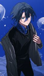 Rule 34 | 1girl, black pants, black sweater, blue eyes, blue hair, blue shirt, collared shirt, dark blue hair, grey jacket, hair between eyes, highres, hiodoshi ao, hololive, hololive dev is, jacket, jellyfish, jewelry, looking at viewer, necklace, open clothes, open jacket, pants, planetzer 0, shirt, short hair, solo, striped clothes, striped jacket, sweater, sweater tucked in, virtual youtuber