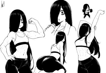 1girl abs armpits ass bottle breasts closed_mouth collarbone commentary english_commentary exercising flexing hair_over_one_eye high-waist_pants highres holding holding_bottle long_hair looking_at_viewer looking_back lughost multiple_views navel pants simple_background sitting small_breasts smile stretching sweat the_ring toned toned_female weightlifting white_background wide-eyed yamamura_sadako yoga_pants