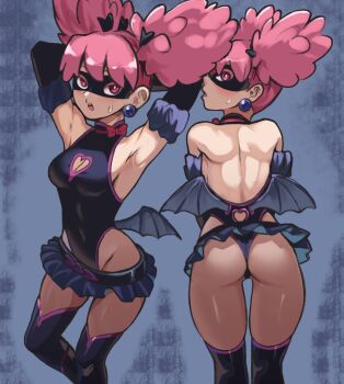 1girl armpits arms_behind_head ass backless_leotard bare_shoulders black_boots black_leotard black_mask black_skirt boku_no_hero_academia boots breasts bright_pupils cleavage_cutout clothing_cutout commentary demon_wings domino_mask earrings english_commentary eye_mask fake_wings feet_out_of_frame halter_leotard halterneck haneyama_kazuho heart_cutout highleg highleg_leotard highres jewelry leotard looking_at_viewer looking_back low_wings mask medium_breasts microskirt multiple_views nico-mo open_mouth pink_eyes pink_hair pink_trim pleated_skirt skirt sphere_earrings standing superhero_costume sweat thigh_boots thong_leotard twintails vigilante_-boku_no_hero_academia:_illegals- white_pupils wings