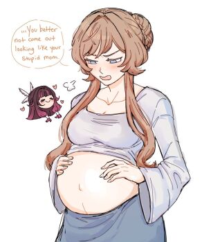 Rule 34 | 2girls, big belly, black hair, blue eyes, braid, breasts, brown hair, bun with braided base, closed eyes, closed mouth, columbina (genshin impact), commentary, dashingicecream, english commentary, english text, genshin impact, gradient hair, hair bun, hair ornament, hand on own stomach, hands on own stomach, head only, head wings, heart, huffing, long hair, long sidelocks, multicolored hair, multiple girls, multiple wings, navel, open mouth, outie navel, pregnant, purple hair, purple streaks, ribbon, sandrone (genshin impact), short hair, short hair with long locks, sidelocks, simple background, skirt, smile, speech bubble, streaked hair, two-tone hair, white background, white wings, wing hair ornament, wings