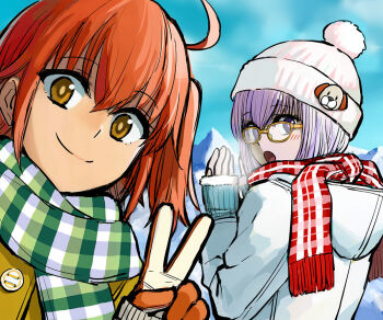 2girls :o ahoge b_suke beanie breath checkered_clothes checkered_scarf coat cold commentary_request fate/grand_order fate_(series) fujimaru_ritsuka_(female) glasses gloves green_scarf hat mash_kyrielight mountain multiple_girls one_side_up open_mouth orange_eyes orange_gloves orange_hair plaid_clothes plaid_scarf purple_eyes purple_hair red_scarf scarf sleeves_past_wrists smile v white_coat winter_clothes winter_coat yellow-framed_eyewear