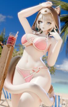 3d absurdres animal_ears ap_3d beach bikini blender_(medium) blue_sky breasts cat_ears cat_girl cat_tail chair cipher_(honkai:_star_rail) cleavage drink glass grey_hair highres honkai:_star_rail honkai_(series) looking_at_viewer lounge_chair palm_tree pink_bikini sky swimsuit tail thick_thighs thighs tree wide_hips