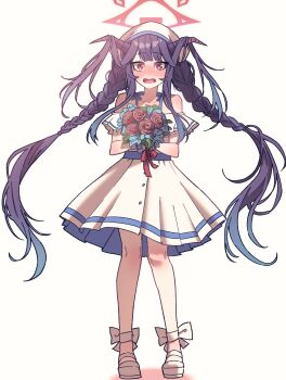 1girl absurdres anygatsby bare_shoulders black_horns blue_archive blush bouquet braid commentary demon_girl demon_horns dress embarrassed flower full_body fuuka_(blue_archive) hair_on_horn halo highres holding holding_bouquet horns long_hair long_sidelocks looking_at_viewer low_twin_braids nose_blush off-shoulder_dress off_shoulder red_eyes red_flower red_halo red_ribbon red_rose ribbon rose shoes sidelocks simple_background solo standing twin_braids twintails wavy_mouth white_background white_dress white_shoes