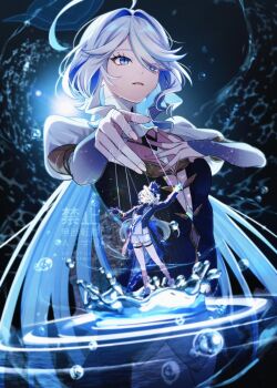 2girls ahoge arm_up ascot asymmetrical_gloves blue_ascot blue_dress blue_eyes blue_gloves blue_hair blue_hat blue_jacket blue_pupils con_potata crying dress drop-shaped_pupils fingernails focalors_(genshin_impact) furina_(genshin_impact) genshin_impact gloves hair_behind_ear hand_on_own_chest hat heterochromia highres jacket long_hair mismatched_gloves multicolored_hair multiple_girls on_water open_mouth ouji_fashion parted_lips puppet_strings shorts standing streaked_hair symbol-shaped_pupils thigh_strap very_long_hair water white_gloves white_hair white_shorts