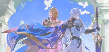 Rule 34 | 2boys, absurdres, antenna hair, arm tattoo, armor, back tattoo, black coat, black shirt, blonde hair, blue eyes, blue sky, cape, chinese commentary, clawed gauntlets, coat, commentary request, dawnmaker (honkai: star rail), earrings, facial tattoo, from behind, gold earrings, gold necklace, gradient hair, highres, holding, holding sword, holding weapon, honkai: star rail, honkai (series), jewelry, looking at viewer, looking back, male focus, medium hair, multicolored hair, multiple boys, mydei (honkai: star rail), necklace, open clothes, open coat, parted bangs, pauldrons, phainon (honkai: star rail), red cape, red hair, red tattoo, shirt, short hair, shoulder armor, side cape, single pauldron, sky, smile, sun print, sword, tattoo, weapon, white coat, white hair, zhijianhualiangi