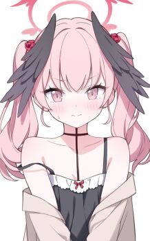 Rule 34 | 1girl, alternate costume, bare shoulders, black camisole, black wings, blue archive, blush, body markings, breasts, brown jacket, camisole, chinese commentary, closed mouth, collarbone, commentary request, feathered wings, flower, hair flower, hair ornament, halo, head wings, highres, jacket, jyt, koharu (blue archive), long hair, looking at viewer, making-of available, off shoulder, open clothes, open jacket, pink eyes, pink hair, pink halo, red flower, simple background, small breasts, solo, spaghetti strap, straight-on, strap slip, sweatdrop, twintails, upper body, white background, wings