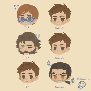 4boys angry beard brown_hair chibi chibi_only closed_eyes closed_mouth commentary crying dispatch english_text facial_hair fire flambae_(dispatch) flying_sweatdrops highres miranda42284435 missing_tooth multiple_boys mustache notched_ear phenomaman ponytail robert_robertson sad symbol-only_commentary tears waterboy_(dispatch)