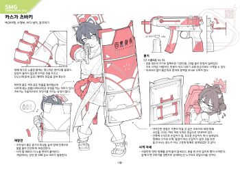 1girl absurdres ammunition animal_ears ballistic_shield black_hair blue_archive clothing_cutout commentary cross-laced_clothes detached_magazine_(weapon) extra_ears flukhan gloves gun hair_between_eyes halo highres holding holding_gun holding_shield holding_weapon information_sheet korean_commentary korean_text magazine_(weapon) multiple_views open_mouth raccoon_ears raccoon_girl red_gloves red_halo red_skirt reference_inset reloading rope_belt shield short_hair side_cutout simple_background skirt skorpion_vz._61 solo submachine_gun translation_request tsubaki_(blue_archive) weapon weapon_focus white_background