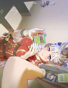 1girl 2others absurdres animal_ears bare_shoulders breasts card card_(medium) closed_mouth commentary dress ear_covers english_commentary finger_skateboard fisheye from_above gloves gold_ship_(red_strife)_(umamusume) gold_ship_(umamusume) grey_hair hat highres holding holding_card horse_ears large_breasts long_hair looking_at_viewer lying multiple_others nintendo on_back on_floor pacpoi photo-referenced pillbox_hat pink_eyes pokemon pokemon_card pokemon_tcg pov sleeveless sleeveless_dress smile solo_focus tile_floor tiles toilet_stall trading_card umamusume very_long_hair white_gloves