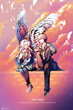 1boy 1girl absurdres black_gloves black_hairband black_jacket black_pants black_shoes black_thighhighs caelus_(honkai:_star_rail) cloud commentary electronduck english_commentary feathered_wings feathers fingerless_gloves firefly_(honkai:_star_rail) gloves green_skirt grey_hair hairband highres honkai:_star_rail honkai_(series) hood hooded_jacket jacket long_hair open_clothes open_jacket open_mouth pants shirt shoes short_hair skirt smile thighhighs trailblazer_(honkai:_star_rail) white_shirt white_wings wings yellow_eyes