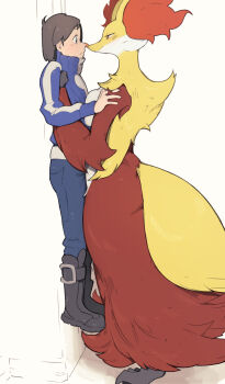 1boy 1girl assertive_female blue_eyes boots breasts breasts_squeezed_together brown_hair calem_(pokemon) delphox dodudoru furry furry_female gen_6_pokemon height_difference highres how_to_talk_to_short_people_(meme) jacket lifting_person nintendo noses_touching pants pokemon pokemon_xy red_eyes red_fur tall_female taller_female turtleneck turtleneck_jacket yellow_fur you_gonna_get_raped