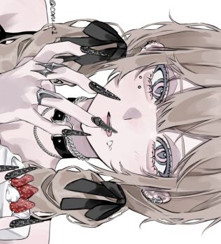 1girl aegyo_sal black_bow black_choker black_nails bow brown_hair cake cake_slice caru_c1 choker commentary ear_piercing face_piercing fingernails food food_on_face hair_bow hand_up highres holding holding_cake holding_food jewelry long_hair looking_at_viewer multiple_rings necklace open_mouth original piercing pink_eyes portrait ring sharp_fingernails sideways simple_background solo strawberry_cake symbol-only_commentary twintails white_background