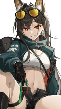 1girl absurdres animal_ear_fluff animal_ears arknights arknights:_endfield black_boots black_gloves black_hair black_shorts boots breasts collared_shrug commentary_request crop_top earrings eyeshadow eyewear_on_head gloves green_shrug grin highres jewelry lady_boss_(arknights) linea_alba long_hair looking_at_viewer makeup medium_breasts navel nekohitsuj96199 open_fly red_eyes red_eyeshadow shirt short_shorts shorts shrug_(clothing) simple_background sitting smile solo thigh_strap tinted_eyewear white_background white_shirt yellow-tinted_eyewear