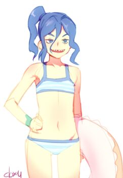 10s 1girl :d bad_id bad_pixiv_id bikini blue_eyes blue_hair doxy female_focus flat_chest hand_on_own_hip innertube kibami_(oshiete!_galko-chan) matching_hair/eyes navel open_mouth oshiete!_galko-chan ponytail sharp_teeth simple_background smile solo swim_ring swimsuit teeth thigh_gap white_background