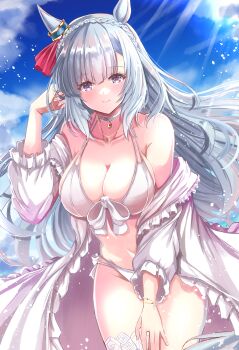 Rule 34 | 1girl, absurdres, animal ears, bikini, blue hair, blue sky, blush, bracelet, braid, breasts, choker, cleavage, closed mouth, cloud, coat, commentary request, crown braid, ear covers, ear ornament, front-tie top, hair ornament, highres, horse ears, horse girl, jewelry, kentan (kingtaiki), large breasts, long hair, looking at viewer, mejiro ardan (umamusume), navel, necklace, ocean, outdoors, purple eyes, side-tie bikini bottom, single ear cover, sky, smile, solo, stomach, swimsuit, umamusume, very long hair, water, white bikini, white choker, white coat
