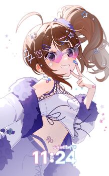 Rule 34 | 1girl, ahoge, bandaid, bandaid on cheek, bandaid on face, belt, blunt bangs, brown hair, coat, coat partially removed, crop top, denim, drill hair, earrings, elev11twf24, fishnet fabric, from side, fur trim, grey pants, grin, hair ornament, hairclip, hashtag-only commentary, heart, heart-shaped eyewear, highres, idolmaster, idolmaster million live!, idolmaster million live! theater days, inward v, jeans, jewelry, long hair, looking at viewer, midriff, open clothes, open coat, pants, purple eyes, purple nails, rabbit hair ornament, side drill, smile, solo, star (symbol), star sticker, sticker, tank top, tinted eyewear, too many hair ornaments, twitter username, v, white background, white coat, white tank top, x hair ornament, yokoyama nao