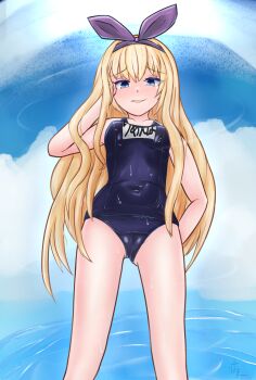 1girl alternate_costume blonde_hair blue_eyes blue_sky breasts closed_mouth cloud commentary_request highres kugi530 long_hair looking_at_viewer remember_(wixoss) sidelocks sky small_breasts smile solo very_long_hair water wet wixoss
