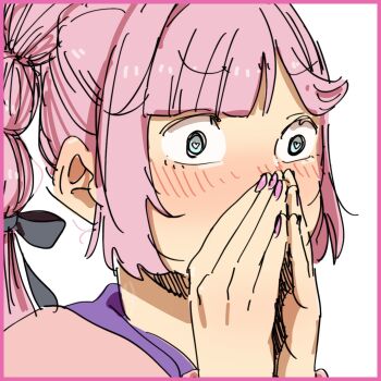 1girl 524ryo alt_text anyoji_hime black_ribbon blue_eyes blush border commentary_request covering_own_mouth hair_ribbon hand_over_own_mouth heart heart-shaped_pupils highres hood hooded_jacket jacket link!_like!_love_live! long_sleeves love_live! multi-tied_hair nose_blush pink_border pink_hair pink_jacket ponytail portrait ribbon sidelocks simple_background solo symbol-shaped_pupils virtual_youtuber white_background