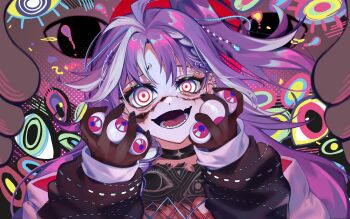 1girl bags_under_eyes black_choker black_nails black_shirt braid braided_bangs choker ear_piercing fang gloves grey_eyes highres holding_eyeball joey_ruvoa long_hair long_sleeves looking_at_viewer lower_teeth_only michi_mochievee michi_mochievee_(1st_costume) multicolored_hair one_side_up open_mouth piercing purple_hair red_eyes shirt skin_fang smile solo stitched_face stitches streaked_hair teeth too_many_eyes torn_clothes torn_shirt virtual_youtuber vshojo white_hair