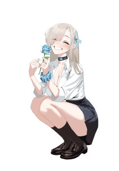 Rule 34 | 062 arts, 1girl, absurdres, asuna (blue archive), black choker, black shoes, black skirt, black socks, blonde hair, blue archive, blue flower, blue nails, blue ribbon, blue rose, blush, breasts, choker, cleavage, closed eyes, collared shirt, dress shirt, flower, full body, grin, hair ribbon, hashtag-only commentary, highres, holding, holding flower, no halo, pleated skirt, ribbon, rose, scrunchie, shirt, shoes, simple background, skirt, smile, socks, solo, squatting, teeth, thighs, white background, white shirt, wrist scrunchie