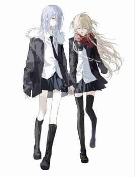 2girls black_boots black_jacket black_necktie black_shoes black_skirt blonde_hair blue_hair boots bow closed_eyes full_body fur-trimmed_jacket fur_trim grey_eyes highres holding_hands jacket konosekaino920 long_hair medium_hair multiple_girls necktie original red_scarf scarf shirt shoes simple_background skirt smile suit_jacket thighhighs two_side_up white_background white_shirt