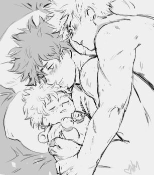 3boys baby bakudeku bakugou_katsuki bed bed_sheet blanket boku_no_hero_academia bones_(company) curly_hair family freckles happy_tears hug in_bed messy_hair midoriya_izuku multiple_boys no_shirt omegaverse pajamas pillow shounen_jump sleeping smile spiked_hair tears traditional_media yaoi