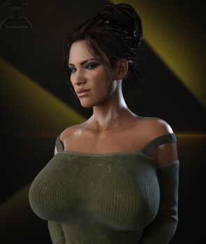 1girl 3d absurdres artist_logo black_hair blender_(medium) breasts brown_eyes cyberpunk_(series) cyberpunk_2077 dark-skinned_female dark_skin detached_sleeves green_shirt green_sleeves highres large_breasts logo looking_at_viewer panam_palmer shirt solo strapless strapless_shirt theduudemanguy updo