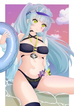 1girl :3 absurdres arm_behind_back bare_shoulders bikini black_bikini black_choker blue_hair blue_jacket blush breasts cellphone choker cleavage clothes_pull commentary cross-laced_bikini cross-laced_clothes cross-laced_top cyari_(cyari_art) eyewear_on_head facepaint flower girls'_frontline girls'_frontline_2:_exilium green_eyes groin hand_up highleg highleg_bikini highres hk416_(girls'_frontline) holding holding_swim_ring innertube jacket jacket_pull klukai_(cerulean_breaker)_(girls'_frontline_2) klukai_(girls'_frontline_2) long_hair looking_at_viewer looking_down medium_breasts navel off_shoulder open_clothes open_jacket outdoors phone ponytail purple_flower see-through_clothes see-through_jacket smartphone solo spread_legs stomach sunglasses sunset swim_ring swimsuit teardrop thigh_strap thighs underboob very_long_hair visor_cap