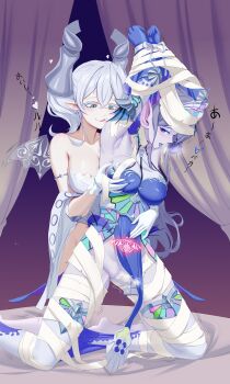 2girls absurdres arms_up bandages blue_eyes blush breasts cleavage colored_skin demon_girl demon_horns demon_tail duel_monster female_ejaculation full_body glowing glowing_tattoo grabbing_another&#039;s_breast grabbing_from_behind grey_eyes grey_hair groping highres horns kitkallos_(yu-gi-oh!) kneeling large_breasts lovely_labrynth_of_the_silver_castle multiple_girls pubic_tattoo purple_skin pussy pussy_juice rare_lemon restrained tail tattoo tearlaments_kitkallos transparent_wings yu-gi-oh! yuri