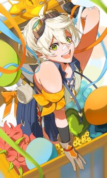 1boy bandaid bandaid_on_face bandaid_on_nose bennett_(genshin_impact) commentary_request genshin_impact gloves goggles goggles_on_head green_eyes hair_between_eyes highres holding male_focus open_mouth shirt short_hair smile white_hair