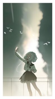 1girl absurdres bird black_bow black_bowtie black_skirt blue_eyes border bow bowtie cellphone character_request cloud commentary_request copyright_request cropped_jacket dismal_poop dress_shirt earbuds earphones feet_out_of_frame frilled_skirt frills glowing glowing_eyes grey_sky hand_up highres holding holding_phone jacket long_sleeves medium_hair open_mouth outdoors phone pleated_skirt shirt sidelocks skirt sky smartphone solo standing white_bird white_border white_hair white_jacket white_shirt