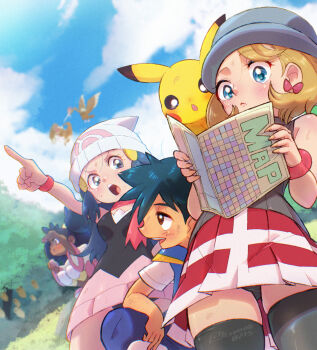 1boy 3girls ash_ketchum black_hair black_panties black_thighhighs blonde_hair blue_eyes blue_hair blue_sky breasts cloud cloudy_sky commentary_request dark-skinned_female dark_skin dawn_(pokemon) day fearow gen_1_pokemon grey_hat grey_sweater h_renah hat highres iris_(pokemon) kakuna map miniskirt multiple_girls nintendo open_mouth outdoors panties pantyshot pikachu pink_skirt pointing pokemon pokemon_(anime) pokemon_(creature) red_skirt serena_(pokemon) skirt sky sleeveless sleeveless_sweater sleeveless_turtleneck small_breasts sweater thighhighs turtleneck underwear white_hat