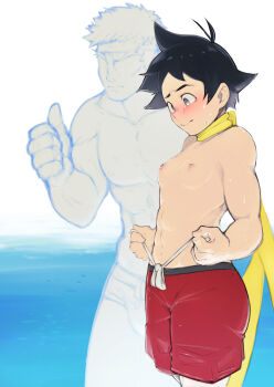 1boy 1girl abs adjusting_clothes alternate_breast_size black_eyes black_hair breasts commentary crossdressing crossdressing_(ftm) dodudoru faceless faceless_male headband highres makoto_(street_fighter) male_swimwear male_swimwear_challenge male_underwear nipples red_male_underwear reverse_trap ryu_(street_fighter) scarf short_hair small_breasts street_fighter street_fighter_iii_(series) swim_briefs swim_trunks thumbs_up toned toned_female topless_female underwear yellow_scarf