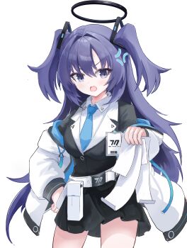 1girl absurdres anger_vein angry belt black_halo black_jacket black_skirt blue_archive blue_eyes blush chinese_commentary collared_shirt commentary_request cowboy_shot hair_between_eyes hair_intakes hair_ornament halo hand_on_own_hip hand_up highres holding holding_paper id_card jacket light_blush long_hair mechanical_halo millennium_science_school_logo miniskirt open_clothes open_jacket open_mouth paper pleated_skirt purple_eyes purple_hair shirt sidelocks simple_background skirt solo suit_jacket triangle_hair_ornament tsurime two_side_up v-shaped_eyebrows very_long_hair white_background white_belt white_jacket white_shirt yang_any_mao yuuka_(blue_archive)