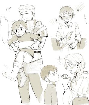 1girl 2boys alcohol armor blush boots bottle braid carrying chilchuck_tims closed_eyes closed_mouth commentary_request cup dungeon_meshi highres holding holding_bottle holding_cup interlocked_fingers laios_touden male_focus marcille_donato monochrome multiple_boys multiple_views musical_note oniwa_028 open_mouth own_hands_together pants pointy_ears shirt simple_background sparkle