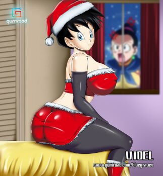 2girls angry ass bed bedroom black_hair blue_eyes bluegraves breasts censored chi-chi_(dragon_ball) christmas curvy dragon_ball dragonball_z from_behind fur gloves hat holidays huge_breasts large_breasts legs looking_at_viewer multiple_girls pantyhose santa_costume santa_hat school sexually_suggestive shirt short_hair shorts sitting smile spandex thick_thighs thighs videl wide_hips