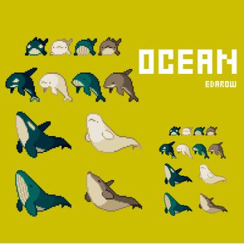animal beluga_whale cetacean commentary dolphin edarow english_commentary english_text green_background humpback_whale lowres no_humans orca original pixel_art simple_background whale