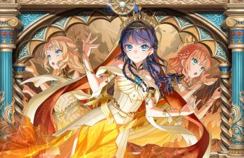 &gt;:) 3girls :o animal_ears aqua_eyes bare_shoulders blonde_hair blue_eyes blue_hair braid breasts closed_mouth dress game_cg gradient_hair half_up_braid half_updo hands_up hasu_no_sanrenka highres hinoshita_kaho hinoshita_kaho_(souzou_no_chihei_kara) link!_like!_love_live! long_hair looking_at_viewer love_live! medium_hair multicolored_hair multiple_braids multiple_girls murano_sayaka murano_sayaka_(seigo_no_chihei_kara) non-web_source official_alternate_costume official_art open_mouth orange_dress orange_hair osawa_rurino osawa_rurino_(choubou_no_chihei_kara) parted_bangs sleeveless sleeveless_dress small_breasts smile split_mouth strapless strapless_dress v-shaped_eyebrows virtual_youtuber
