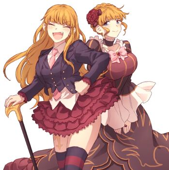 2girls :d beatrice_(umineko) black_dress breasts cane closed_mouth dawn_of_the_golden_witch dress dual_persona fang flower hair_flower hair_ornament hand_on_own_hip highres holding holding_cane hswoimuxk0pwr0h_(bbdan) large_breasts long_dress long_hair looking_at_viewer multiple_girls open_mouth red_flower red_rose red_skirt rose skirt smile thighhighs thighs umineko_no_naku_koro_ni white_background